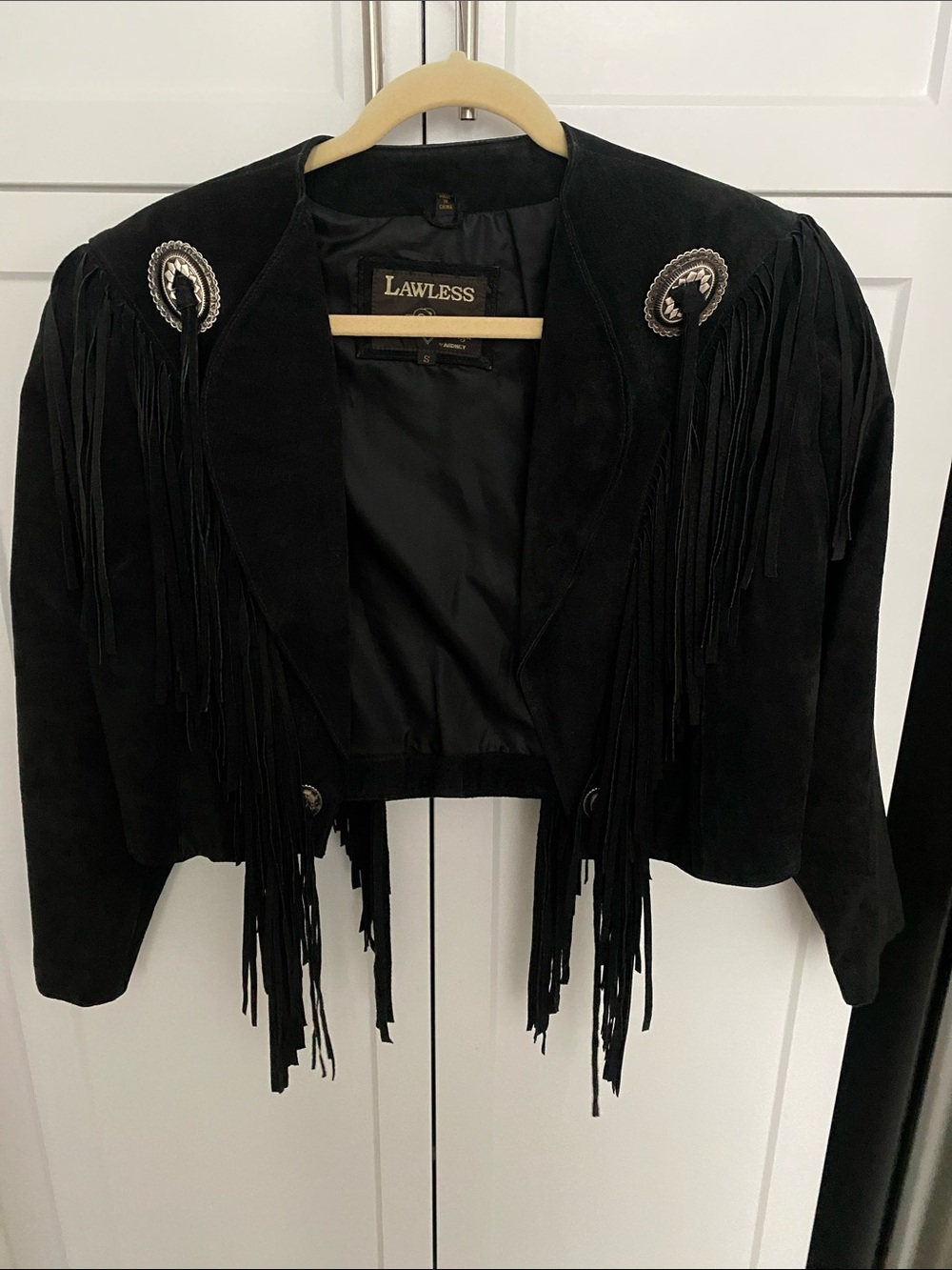 Lawless Vintage Black leathe rodeo long fringe ornate silver concho small jacket